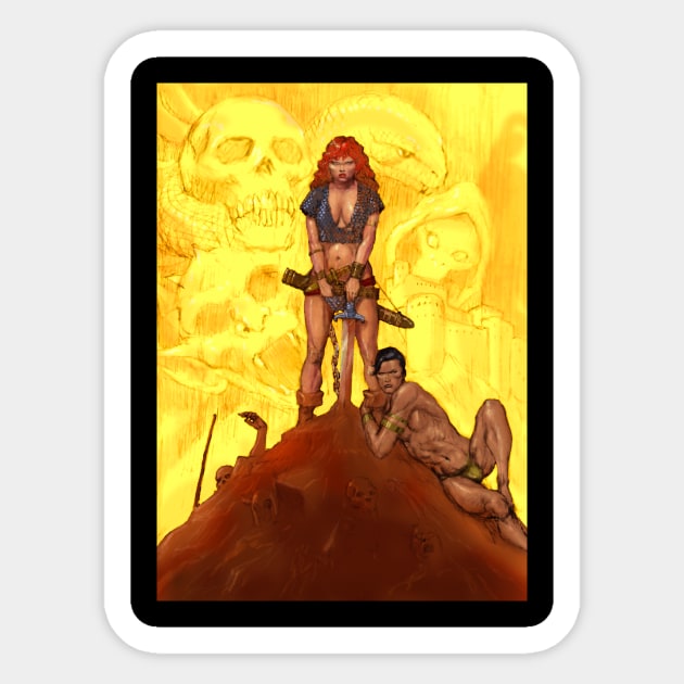 Red Sonja on a spoof of Frazetta's classic Conan Sticker by thecountingtree